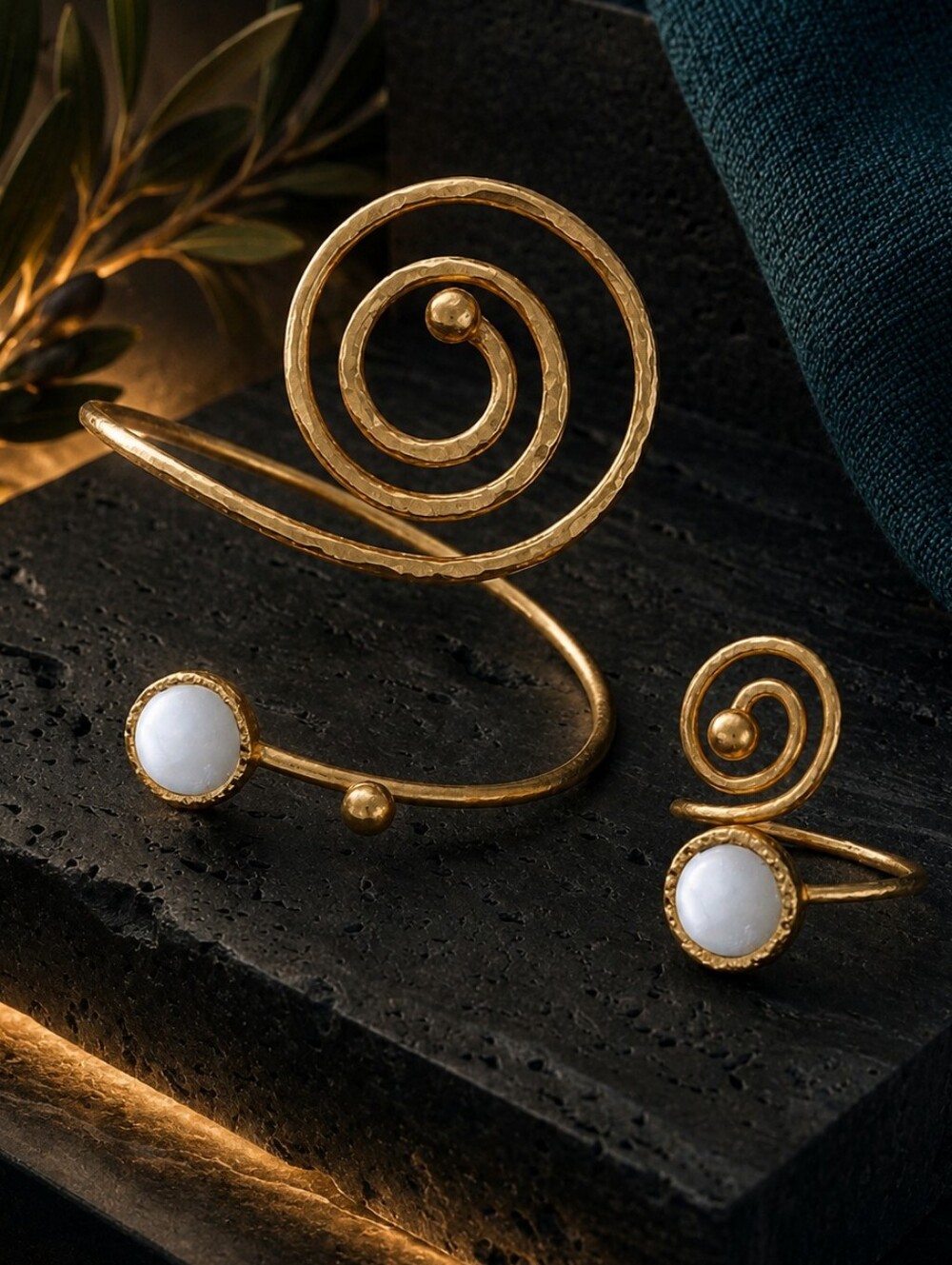 Turkish Artisanal 18K Gold Plated Spiral Set MOP Ring and Bracelet Boho